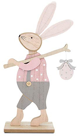 Goldschmidt Osterdeko Holz Hase mit Wanderstab 35cm | Osterhase Holzdeko | Ostern Deko rosa grau (rosa grau)