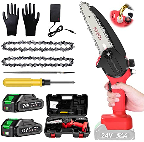 Mini Kettensäge mit Akku Und Ladegerät, 6 Zoll 800W Akku Kettensäge Elektrische mit Öler Einhand Akku Astsäge mit Zwei Akku und 2 Ketten für Garten Astschere Holzschneiden,Red mini chainsaw