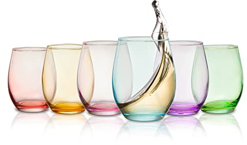 Colored Wine Glass Set, Large 14 oz Glasses Set of 6, Unique Italian Style Tall Stemless for White& Red Wine, Water, Color Tumbler, Beautiful Glassware, Gift for Her, Mom (Stemless)