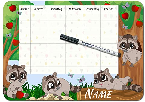 Bambinella - PVC-Schild - Stundenplan Waschbären - personalisiert und wiederbeschreibbar mit Whiteboardmarker