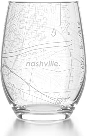 Well Told Copa de vino grabada con mapa de Nashville Tennessee sin tallo, copa de vino grabada (15 onzas, transparente), copa de vino con mapa de la ciudad, copa de vino personalizada, regalos para