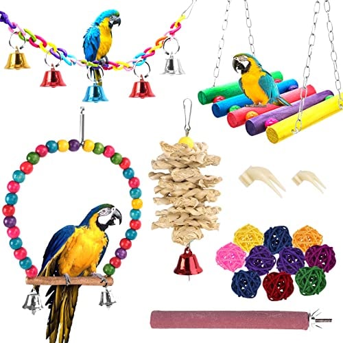 Giochi per Uccelli Pappagalli, 17 Pezzi Giochi per Pappagalli, Pappagalli Masticare Giocattoloc Altalena Appesa Giocattoli, Giochi Pappagalli per Parrocchetti, Inseparabili, Ara, Fringuelli