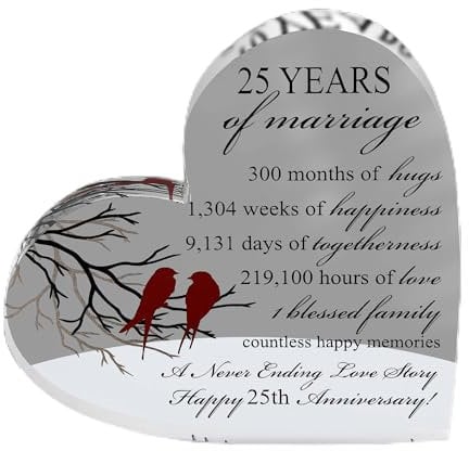 VELENTI 25th Wedding Anniversary Present for Him and Her - Silver Heart-Shaped Keepsake for Couple - Unique Acrylic Gift for 25th Anniversary