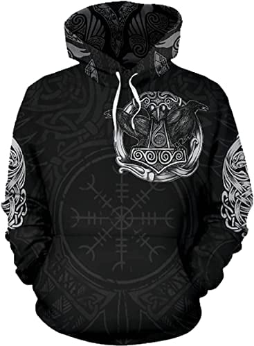 WITHWE Wikinger-Sweatshirt Kapuzenpullover Hoodie Thors Hammer Und Helm Der Ehrfurcht Tattoo-Muster 3D-gedruckte Unisex-Sportswear-Jacke (Color : Hoodie, Size : 5XL)