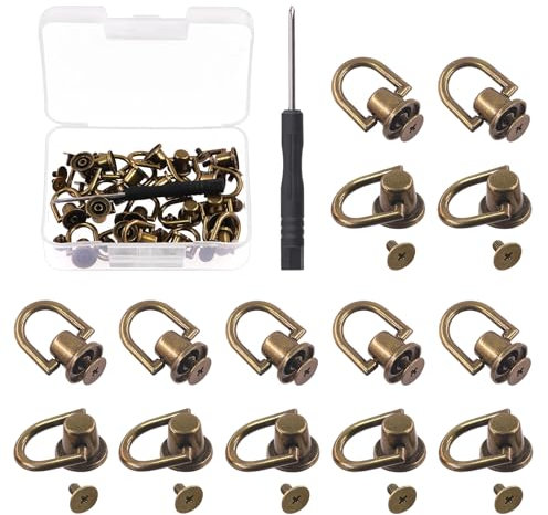 Keadic 21Pcs Bronze D Rings Rivets with Hole Punch and Screwdriver, 360 Rotatable Brass Post Head Buttons Studs Rivets Nails Chicago Stud Screw for DIY Leather Collar Belt Backpack Handbag