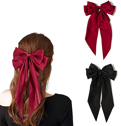 Haarklammern YUNYAN 2 Stück 33CM Haarstyling Zubehör Haarspangen Damen Einfarbige Schleifen-Haarnadel Französische Haarspange mit seidiger Satin Schwarz und Rote große Schleife Für Mädchen