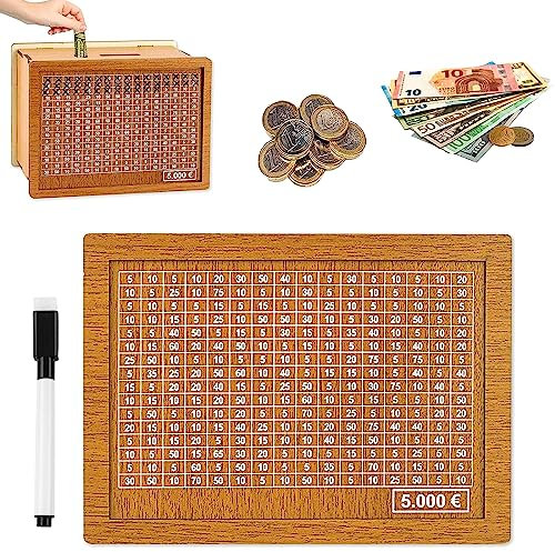 AOMAIGAD Spardose Holz, Sparschwein,Spardose mit zähler,Sparbox mit Zähler zum Ankreuzen Wiederverwendbare, Sparschwein aus Holz für Erwachsene und Kinder mit Sparziel (5000€)