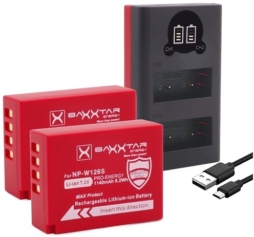 Baxxtar MaxProtect NP-W126s NP-W126 Akkus (2X 1140mAh) mit aktivem NTC Sensor und V1 Schutzgehäuse - Plus 18612 (Mini USB Dual LCD) zu X-M5 X100VI X-S10 X-T20 X-T30 II X-T5 X-T50 usw.