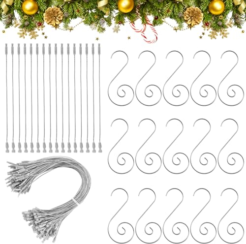 KATELUO Haken für Weihnachtskugeln, Christbaumkugeln Haken, 100 Haken + 100 Seile, Weihnachtskugel Aufhänger, Weihnachten Schnapp Verschluss Seile für Weihnachtsdekorationen (Silber)