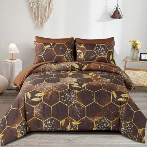 Freyamy 3D Marmor Bettwäsche 135x200cm 2teilig Braun Gold Geometrische Marmormuster Luxus Bettwäsche 100% Mikrofaser Bettwaren-Sets Weiche Bettbezug mit Reißverschluss und Kissenbezug 80x80cm