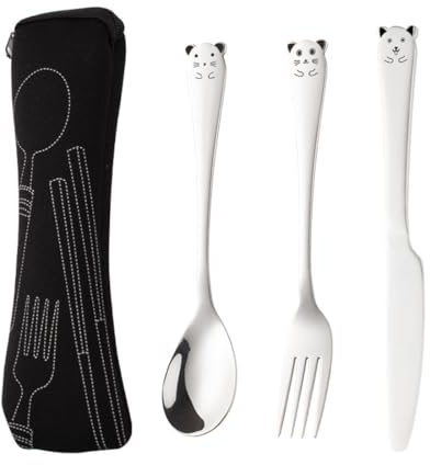 JOCXZI Cubertería Infantil,Patrón de Dibujos Animados 304 Cuchillo de Acero Inoxidable Tenedor Cuchara Juego de vajilla portátil para niños 3 Piezas con Caja