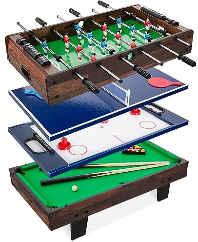 Best Choice Products 4-in-1 Multi Game Table, Childrens Combination Arcade Set w/Pool Billiards, Air Hockey, Foosball and Table Tennis - Dark Wood