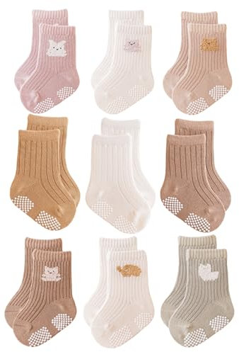 J Poqobog Rutschfeste Socken für Baby Mädchen Jungen 9 Paar Kinder Anti Rutsch abs Socken Sportsocken Stoppersocken (3-12 Monate,Mädchen-9P)