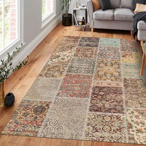 bamyum Nadine Bedruckter Teppich Chenille-Druck Maschinell Hergestellt 160 x 230 cm, Waschbarer Patchwork Vintage Teppich Schlafzimmer, Antibakteriell Antirutschunterlage Küchenteppich