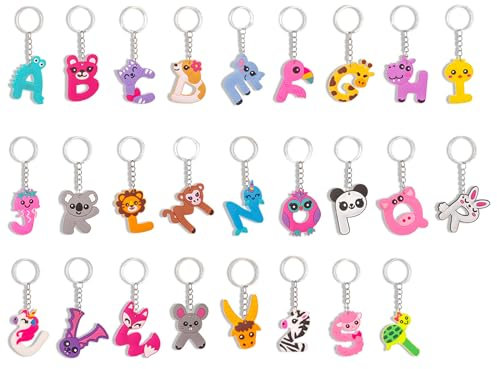 26 Pièces Porte-clés de Animal en Alphabétique, Porte-clés pour Les Fêtes d'anniversaire, Mini Silicone Porte-clés pour Enfants, Anniversaire Cadeau Jouets, Key Ring pour Animal en Alphabétique