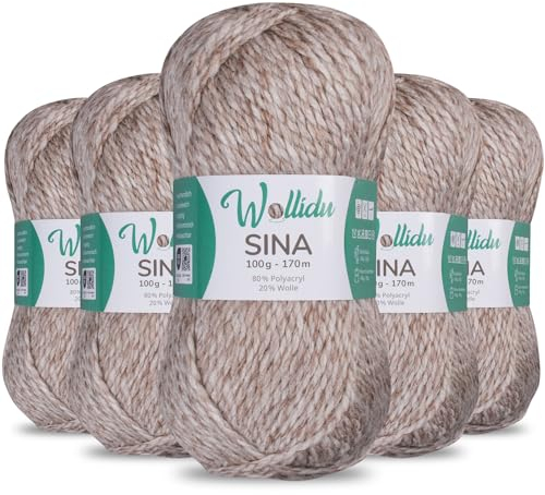 Wollidu Sina Wolle zum Stricken und Häkeln 500g Premium Strickwolle/Häkelwolle Set OEKO-TEX zertifiziert 5 x 100g/170m 80% Polyacryl 20% Schafwolle mulesing-frei - Beige Melange