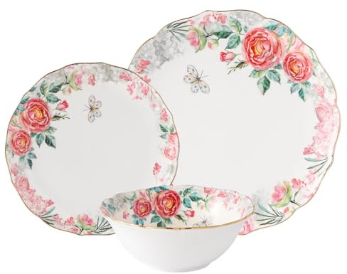 Bone China Dinnerware Set, Porcelain Dinnerware Set for 4, Pink Floral Vintage Dinnerware Set, 12-Piece Bone China Plates and Bowls Set, for Christmas Gifts, for Women (Pink)