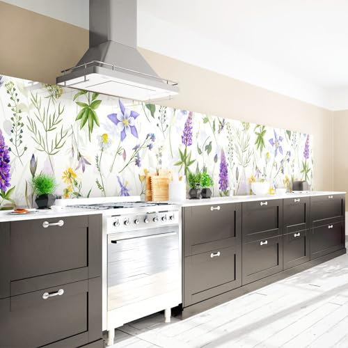 Arcondo Küchenrückwand Spritzschutz Selbstklebend mit Motiv Lupinen und Löwenzahn Folie Premium Matt 300 x 100 cm