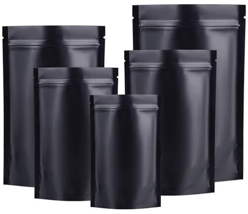 50pcs Mylar Stand Up Pouches - Black Resealable Ziplock, Smell Proof Aluminum Foil Bags, Reusable Heat Seal Packaging for Food Storage (16x24cm)