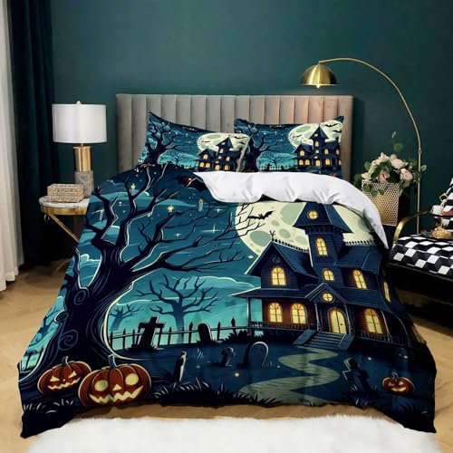 Bettwäsche 180x200 cm Halloween-Schloss-Muster Bettwäsche Set Microfaser Superweiche Atmungsaktivem Bettbezug mit Reißverschluss und Kissenbezug 80x80 cm