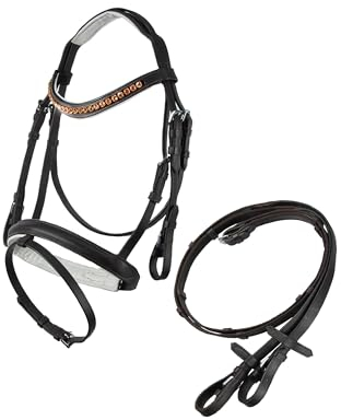Brama West Trense Pferd Merlin | Ledertrense mit Antislip Zügel und Strasssteinen | englisch kombiniert | Braun/Weiß unterlegt, Gr. Shetty