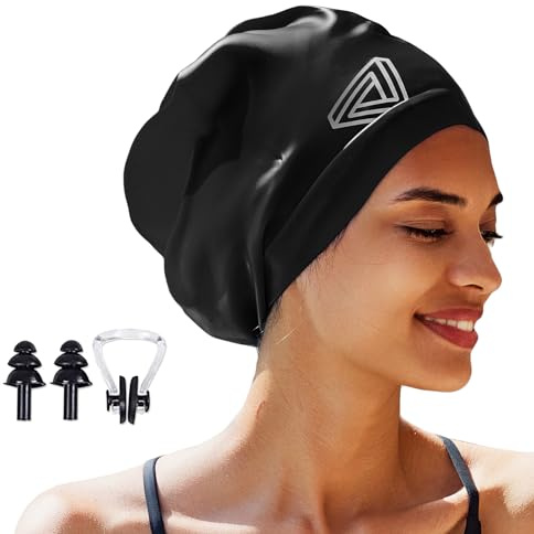 Große Badekappe, geeignet für Männer und Frauen, speziell entworfene Badekappe, geeignet für sehr langes und dickes lockiges Haar und Zöpfe, hält das Haar trocken (schwarz)