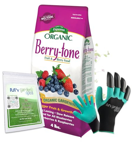 MYGP BR4 Organic Berry-Tone 4-3-4; 4 lb. with My Garden Pool PH Soil Test Strips 20 ct, and My Garden Pool Superior Gardening Claw Gloves and Garden-IQ, Smart Gardening AI Assistant!