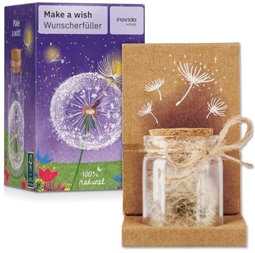 Inovida Pusteblume im Glas : Echte Pusteblume als Glücksbringer – Kleines Geschenk mit Grußkarte – Dankeschön Geschenk – Aufmunterung Geschenke – Dankeschön Geschenke Klein – Glücksbringer Prüfung