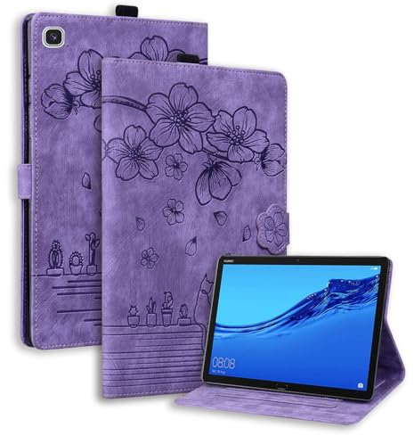 TEDTIKJT Fundas para Samsung Galaxy Tab A7 Lite 8.7 (SM-T220/T225) Carcasa PU Cuero Folio Funda con Soporte Protección Tablet Cover para Samsung Galaxy Tab A7 Lite Funda,Flores Cerezo Gatos Morado