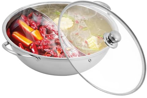 SABUIDDS Hot Pot - Casserole en acier inoxydable avec couvercle en verre - Double poignée - Avec cloison - Pour cuisinière à induction, gaz, électrique, vitrocéramique ou four - 28 cm