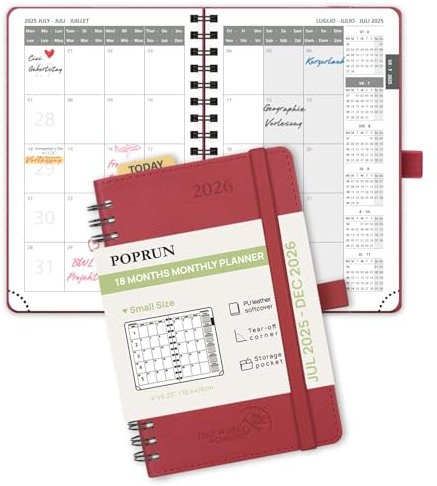 POPRUN Kalender 2025 2026 Monatsplaner 16 x 10,5 cm - 18 Monate Monatskalender Ringbuch A6 (Jul.2025-Dez.2026) - 1 Monat 4 Seiten, Softcover mit PU-Leder, 100 GSM Papier - Burgunderrot