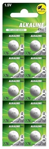 LR44 A76 Alkaline Batterie - Quecksilberfrei - Enthält 10 Batterien, Abmessungen 11,60 x 5,40 mm, 1,5 V, Kapazität 110 mAh, ideal für elektronische Geräte.