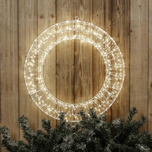 Indoor or Outdoor Pre-Lit Micro LED Wreath with 5m Lead & Timer – Mains Powered Cool White Door, Wall or Window Light Up Hanging Round Festive Christmas Xmas Decoration – 70cm Diameter