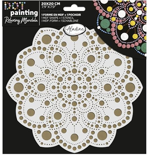 Aladine - Kit Pochoir & Support Mandala 20 cm - Pour Créer Mandalas en Dot Painting - Peinture sur Galet, Bois, Tissus, Toiles - Dotting Peinture Points - Loisirs Créatifs - 85502