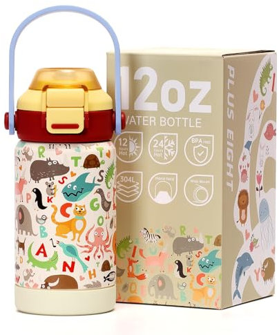 pluseight Bouteille d'eau en métal pour enfants avec paille, 350 ml, gobelet sous vide à double paroi sans BPA en acier inoxydable 18/8 anti-fuite avec paille pour l'école, les voyages, garçons et