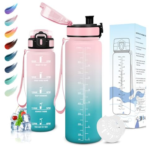 Motswedi Botella Agua, 1000ml sin BPA, Botella de Agua, Reutilizable, Cantimplora, con Marcador de Tiempo, Botella Agua Gimnasio, Botella para Niños, Deporte, Running, Gimnasio, Bicicleta, Rosa Verde