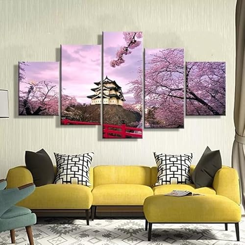 RAPSANI Impression sur toile 5 Parties peinture sur toile tableau decoration murale salon,Japon Temple Cerisier en fleurs,tableau xxl,cadre,decoration chambre maison,150x80cm