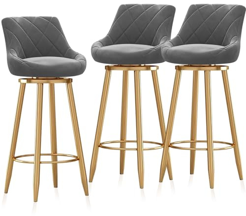 RiouPsithuric 3er-Set Moderne Barhocker aus grauem Samt, Drehstühle in Thekenhöhe mit Goldener Fußstütze und Rückenlehne, stilvolle Sitzinsel für Küche oder Esszimmer, 65 cm hoch