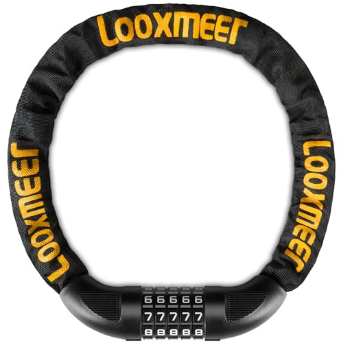 Looxmeer Bike Lock, 5-Digit Combination Lock, Heavy Duty Thicken 8mm Chain | 90cm High Security Bicycle Lock, Enlarged Combination Wheel and Plug, for Bike Motorbike Scooter Fence Grill, Black & Orange
