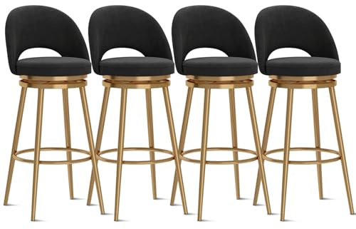 Guyifuny Ensemble de 4 tabourets de Bar pivotants à 360° en Velours avec Dossier Creux et Repose-Pieds, chaises de Bar pour îlot de Cuisine de 25,6 po de Hauteur, Noir