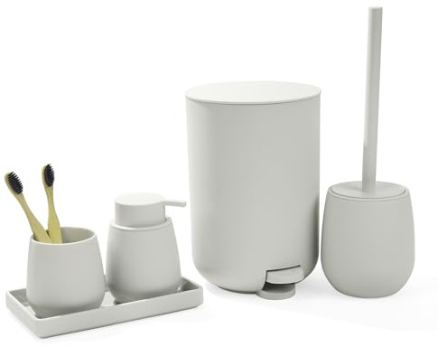 Badset Badezimmer Set Beige, Modern Badausstattung Sets Organizer | AJEUNGAIN Badezimmer Set 5 Teiliges Bad Set Mülleimer Klobürste Seifenspender und Zahnputzbecher Tablett