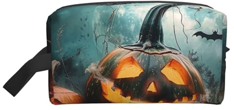 Trousse de maquillage imprimée à la main pour femme - Organiseur de maquillage de voyage - Grande capacité - Avec poignée, Halloween et chauve-souris, Taille unique, Trousse de maquillage