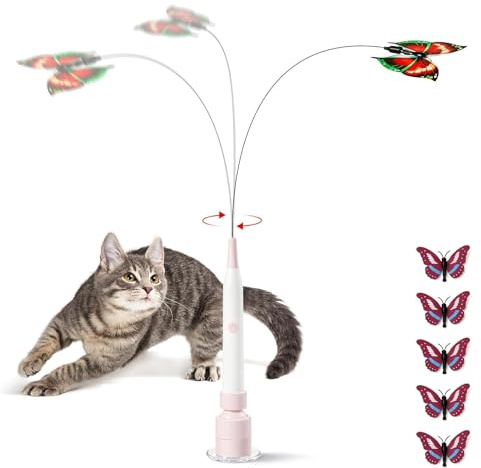 Lidary Katzenspielzeug Elektrisch Schmetterling, Interaktives Katzenspielzeug mit Saugnapf und 5er 360 ° drehbarem Schmetterling, Katzen Spielzeug für Aktive Katzen Non, Aktives Spielen (A)