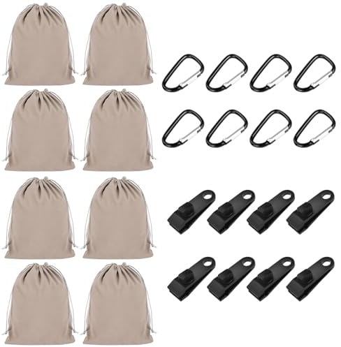 8 Stück Tragbare Gewichtstasche, Sandsack mit 8 Karabiner & 8 Clips | Sandsäcke · 8 Karabiner + 8 Befestigungsclips · vielseitig · windfest · für Pavillon, Zelt, Tischdecken, Camping