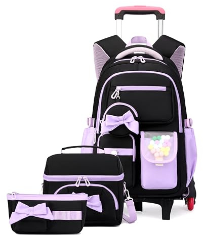 Rolling Backpack for Girls 3PCS Kids Backpack Set Cute Trolley Bags for Elementary Middle High School Wheeled Bookbags