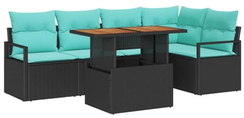 vidaXL Garten Essgruppe mit Kissen 6 pcs Schwarz und Teal, Garten und Terrasse, modernes Outdoor-Sofa-Set, langlebige modulare Sitze, UV-beständiges Rattan für die Terrasse