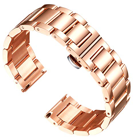 BINLUN Stainless Steel Watch Straps Thick Heavy Metal Watch Bracelets Polished Matte Brushed Finish Watch Bands Replacement for Men Women with Butterfly Clasp(Polished Rose Gold, 16mm)