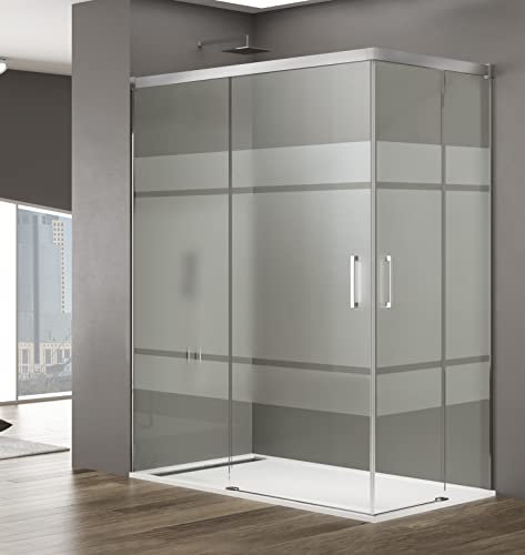 GME - Basic Frost Plus - Paroi de douche d'angle au sommet 2 lames fixes + 2 lames coulissantes - Anticalcaire - Verres 6 mm - Décoré par sérigraphie à l'acide sur verre (115-120/85-90 cm)