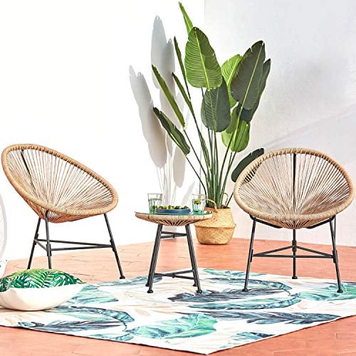 CONCEPT USINE - Salon de Jardin - Ensemble Bistrot 3 pièces Rotin Naturel : 2 Fauteuils Oeuf + Table Ronde Design Acapulco Beige | Cordes Polyéthylène Résistant | Intérieur Extérieur | Résiste à l'eau