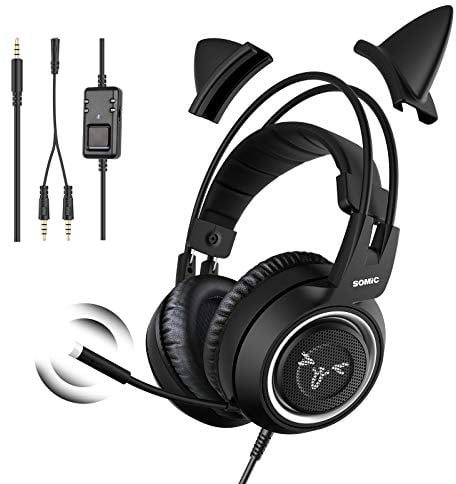 Somic Cuffie da gioco per Xbox One, audio surround stereo con eliminazione del rumore, cuffie con orecchie di gatto rimovibili con controllo in linea per PS4, interruttore, PC